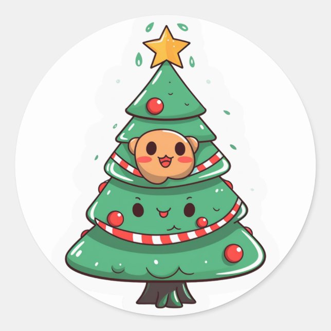 Kawaii Christmas tree Classic Round Sticker (Front)