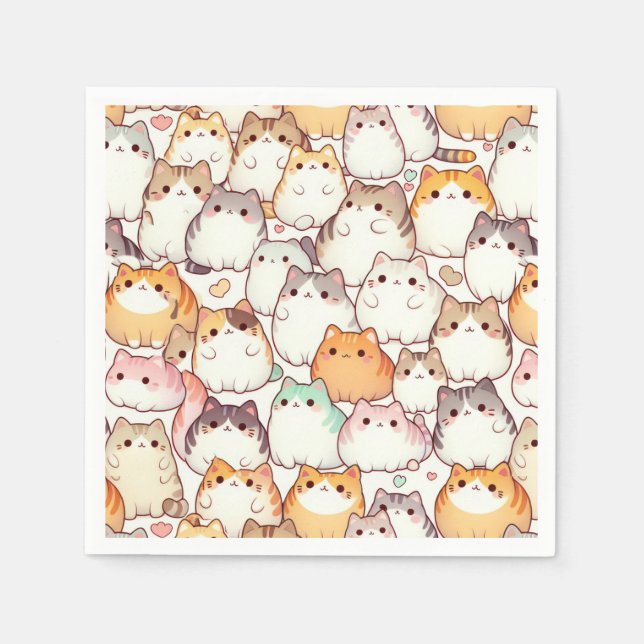 Kawaii Chubby Cartoon Cats With Hearts Napkins (Front)