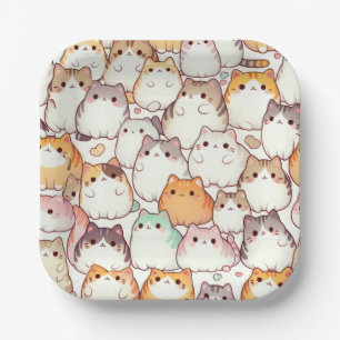 Kawaii Chubby Cartoon Cats With Hearts Paper Plates