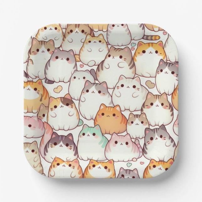 Kawaii Chubby Cartoon Cats With Hearts Paper Plates (Front)
