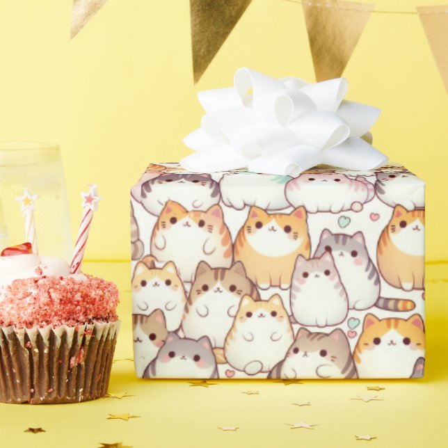 Kawaii Chubby Cartoon Cats With Hearts Wrapping Paper (Birthday Party)