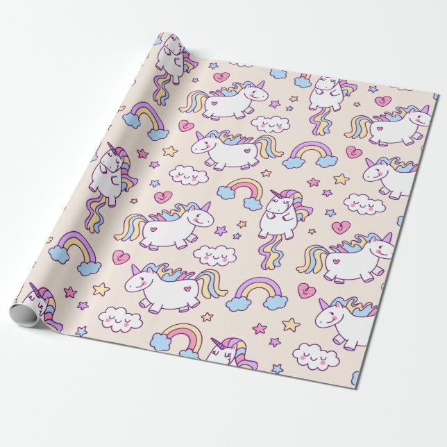 Kawaii chubby flying unicorns rainbow pattern wrapping paper (Unrolled)