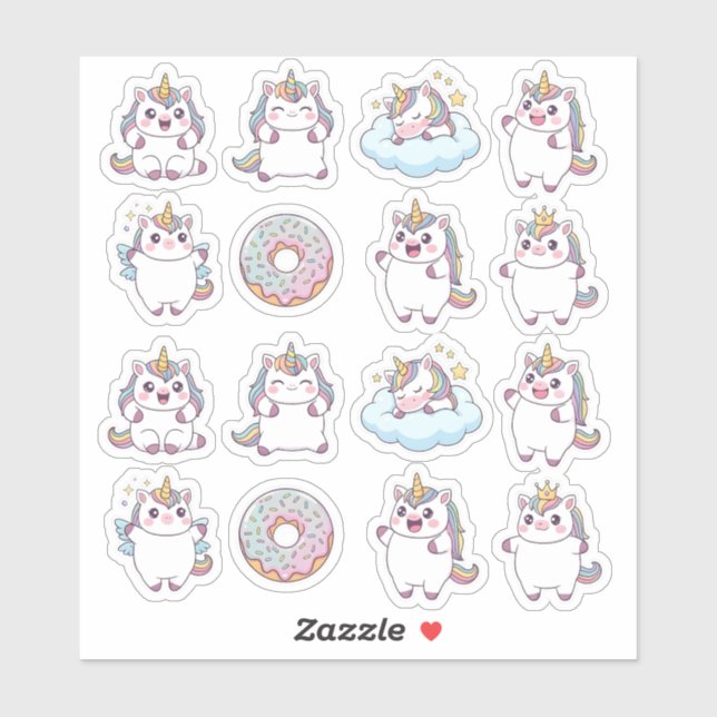 Kawaii Chubby Unicorn & Donut Sticker Sheet – Cute (Sheet)