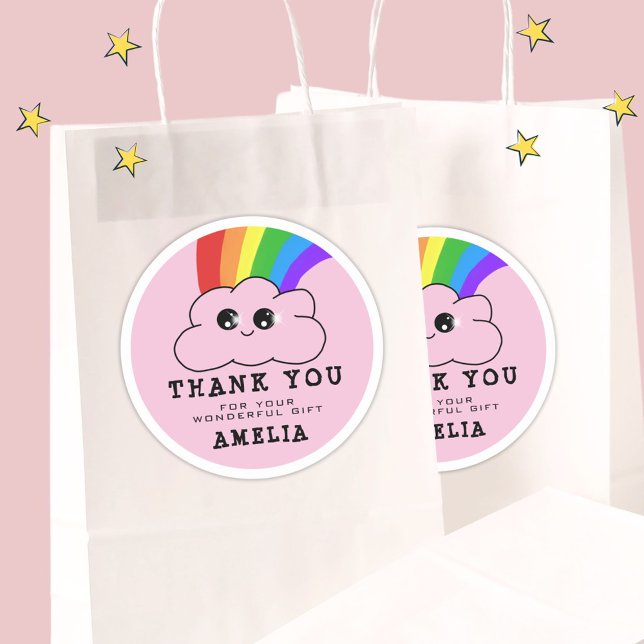 Kawaii Cloud Rainbow Pink Birthday Thank you  Classic Round Sticker (Creator Uploaded)