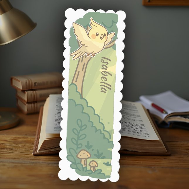 Kawaii Cockatiel Cute Flying Bird Enchanted Forest Bookmarks (Cute Cockatiel bookmark in kawaii style for pet bird lovers, an adorable personalized reading gift.)