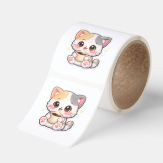 Kawaii Coffee Cat Sticker Roll – Cute Kitten Label