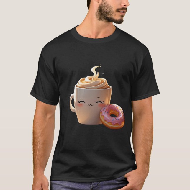 Kawaii Coffee & Donut T-shirt – Cute Sleepy Cup  (Front)