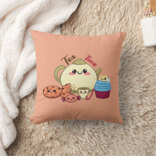 kawaii cookies and warm tea time throw pillow