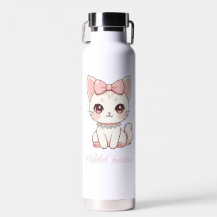 Kawaii Coquette Cat with Pink Bow Cute Feminine Water Bottle