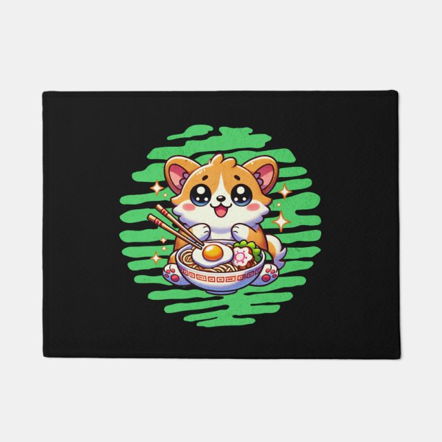 Kawaii Corgi eating bowl of Ramen Doormat (Front)