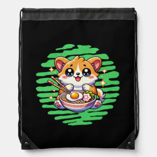 Kawaii Corgi eating bowl of Ramen Drawstring Bag