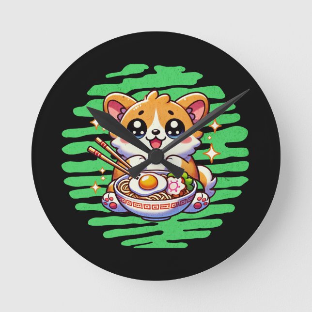 Kawaii Corgi eating bowl of Ramen Round Clock (Front)