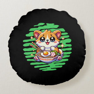 Kawaii Corgi eating bowl of Ramen Round Pillow