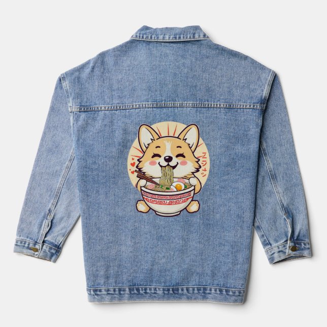 Kawaii Corgi Eating Ramen – Cute Anime Dog Food Denim Jacket (Back)