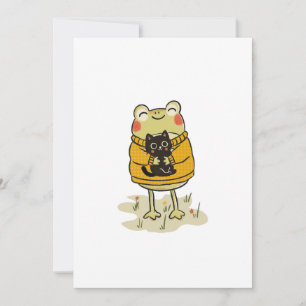 Kawaii Cottagecore Frog And Black Cat Illustration Invitation