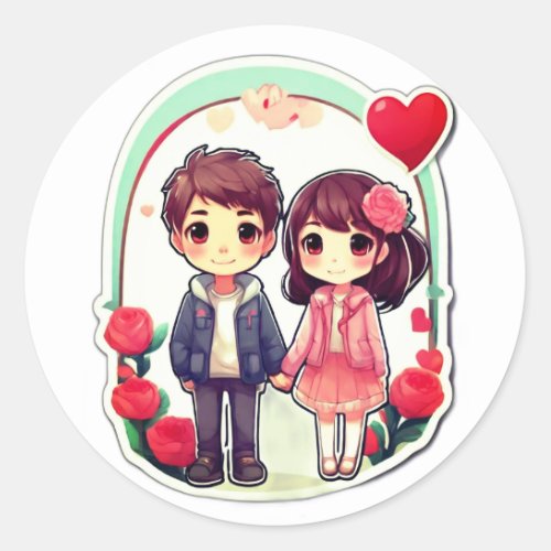 Kawaii couple holding hands classic round sticker