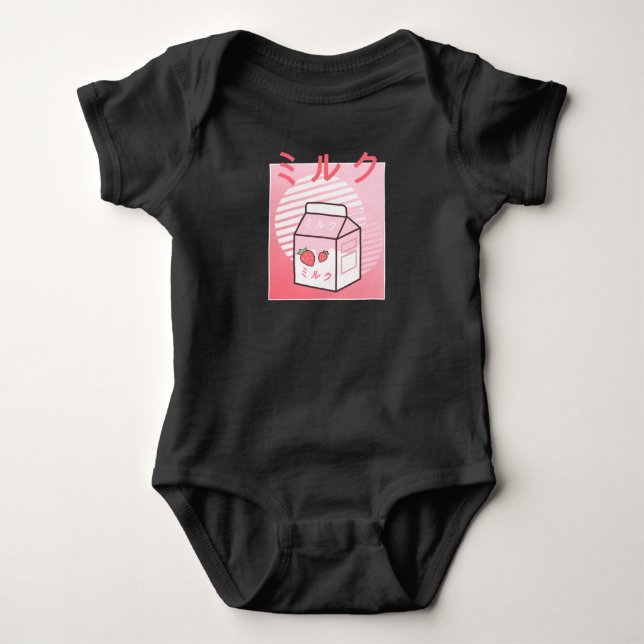 Kawaii Cow Retro Japanese Strawberry Milkshake Baby Bodysuit (Front)