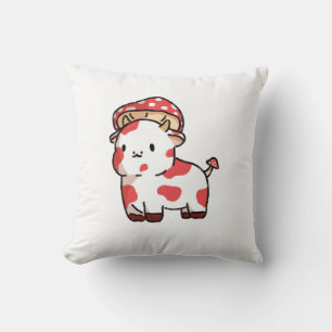 Kawaii Cow Throw Pillow, Cute Mushroom Cow Throw Pillow