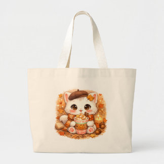 Kawaii Cozy Autumn Latte Kitty – Cute Fall Cat Large Tote Bag