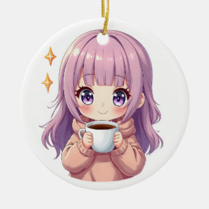 Kawaii Cozy Coffee Girl – Pastel Aesthetic sticker Ceramic Ornament