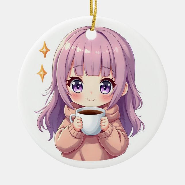 Kawaii Cozy Coffee Girl – Pastel Aesthetic sticker Ceramic Ornament (Front)