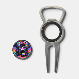 Kawaii Creepy Neon Goth Anime Girl and Skulls Divot Tool
