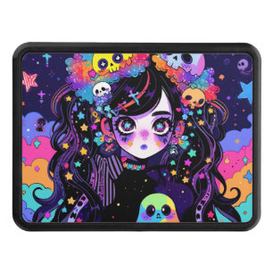 Kawaii Creepy Neon Goth Anime Girl and Skulls Hitch Cover