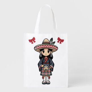 Kawaii Cultural Girl Illustration Grocery Bag
