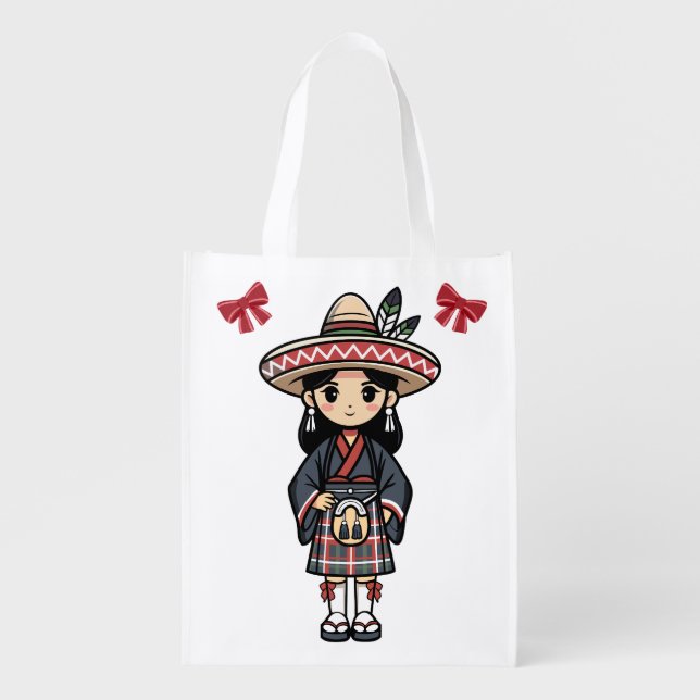 Kawaii Cultural Girl Illustration Grocery Bag (Front)