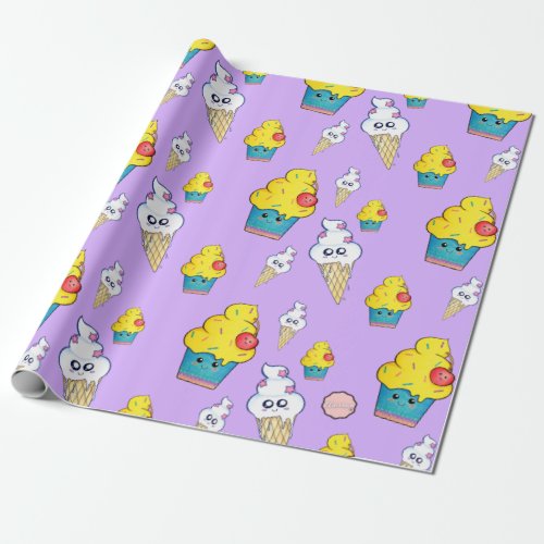 Kawaii Cupcake and Ice Cream Cone Wrapping Paper