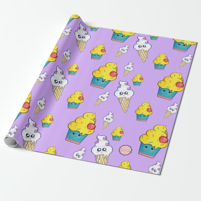 Kawaii Cupcake and Ice Cream Cone Wrapping Paper (Unrolled)