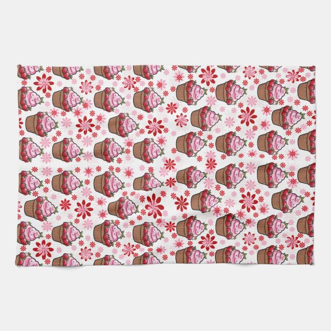 Kawaii Cupcake Design – Cute Dessert Illustration  Kitchen Towel (Horizontal)