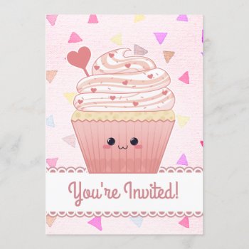 Kawaii Cupcake Hearts Pink Invitation by DiaSuuArt at Zazzle