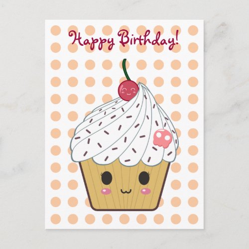 Kawaii Cupcake in Polka Dots Happy Birthday Postcard