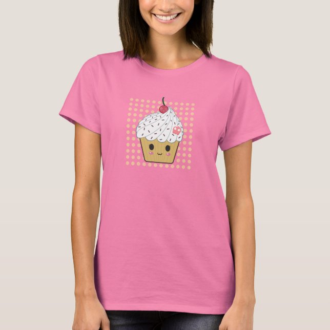 Kawaii Cupcake in Polka Dots T-Shirt (Front)