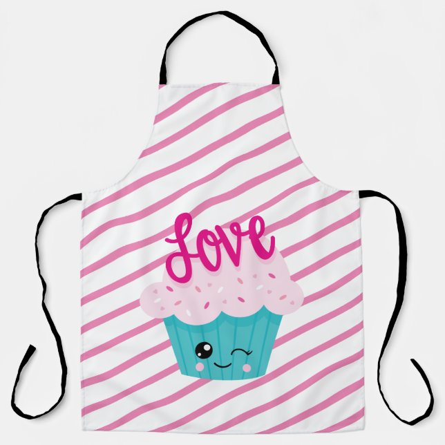 Kawaii Cupcake Love Pink Teal Stripe Cute Girly Apron (Front)