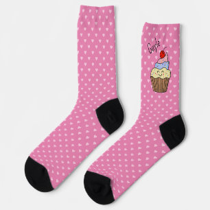 Kawaii Cupcake with Name and Heart Pink Crew Socks
