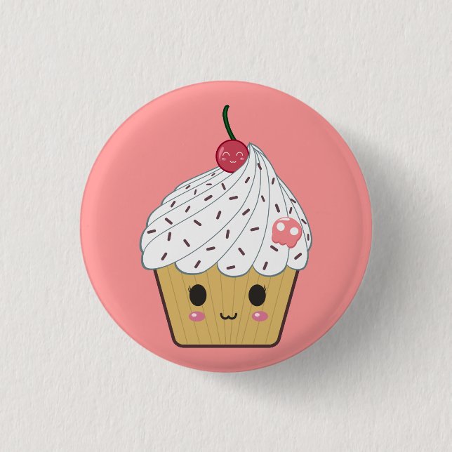 Kawaii Cupcake with Pink Sugar Skull and Cherry Pinback Button (Front)