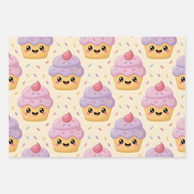 Kawaii Cupcake Wrapping Paper Sheets (Front)
