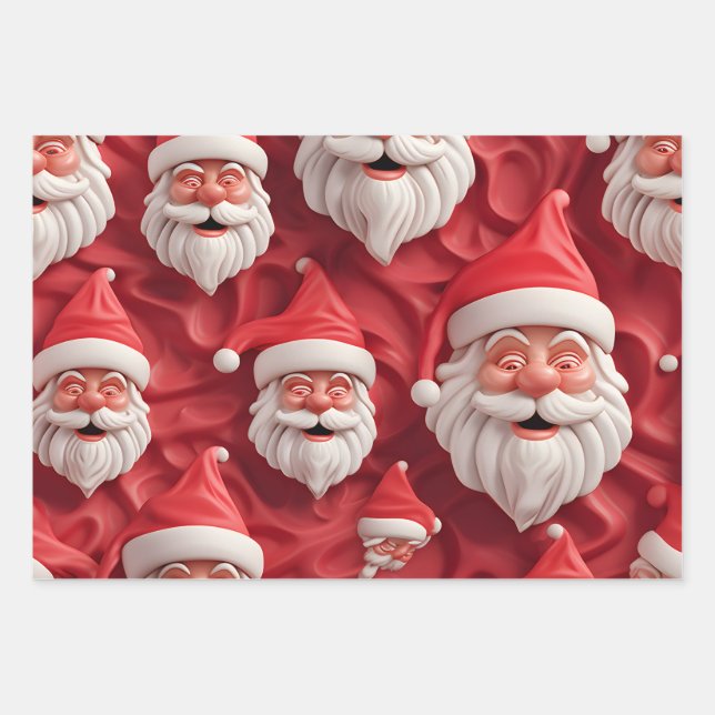 Kawaii Cute 3D Santa Wrapping Paper Sheets (Front)