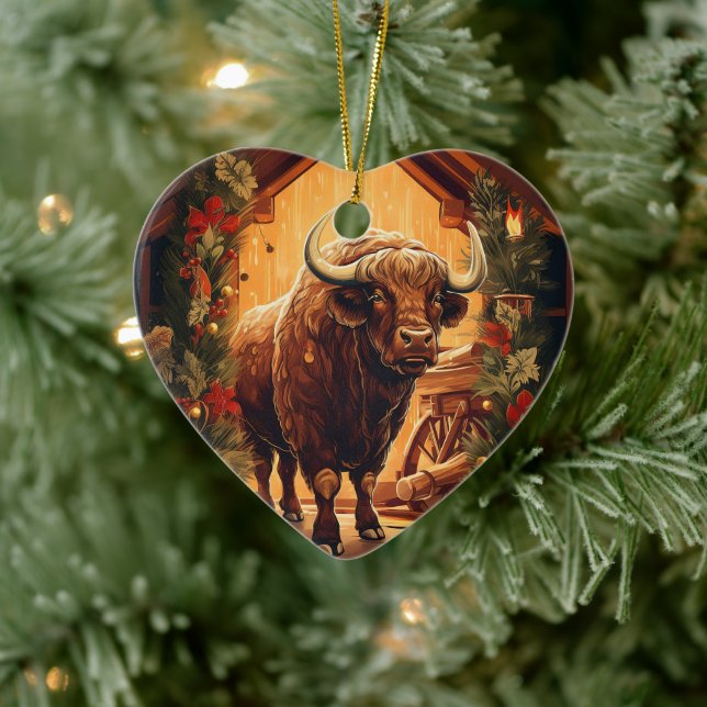 Kawaii Cute Animal Wildlife Bison Pet Lover Gift Ceramic Ornament (Tree)