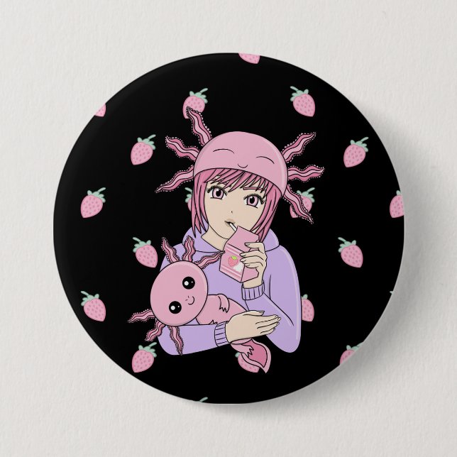 Kawaii Cute Axolotl Strawberry Milk Anime Button (Front)