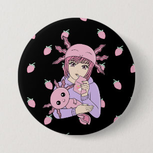 Kawaii Cute Axolotl Strawberry Milk Anime Button