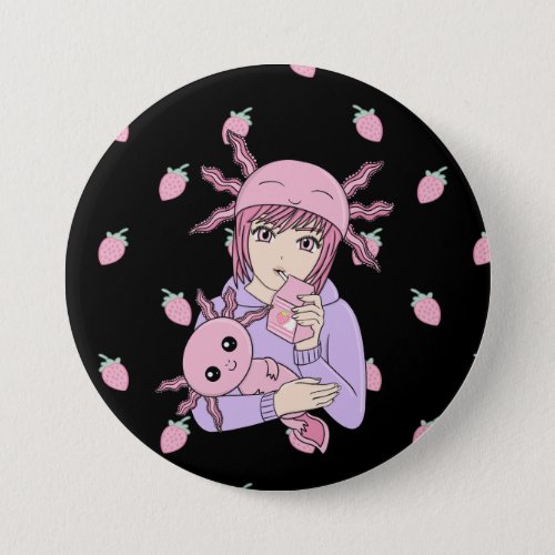 Kawaii Cute Axolotl Strawberry Milk Anime Button