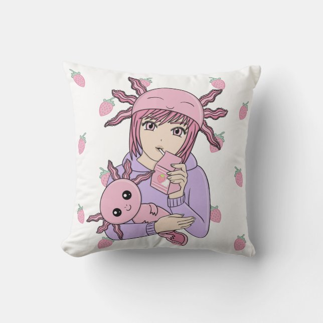 Kawaii Cute Axolotl Strawberry Milk Anime Throw Pillow (Front)