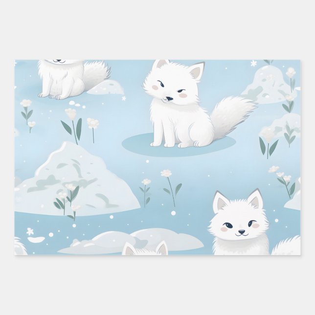 Kawaii Cute Baby Arctic Foxes Wrapping Paper Sheets (Front)