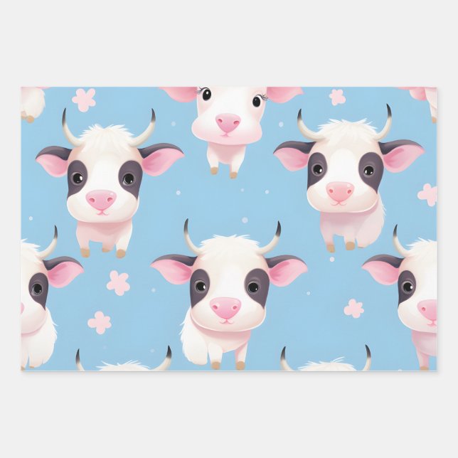 Kawaii Cute Baby Cows Wrapping Paper Sheets (Front)