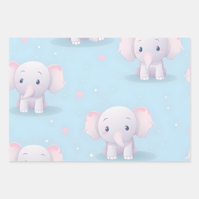 Kawaii Cute Baby Elephant Wrapping Paper Sheets (Front)