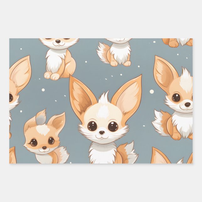 Kawaii Cute Baby Fennec Foxes Wrapping Paper Sheets (Front)