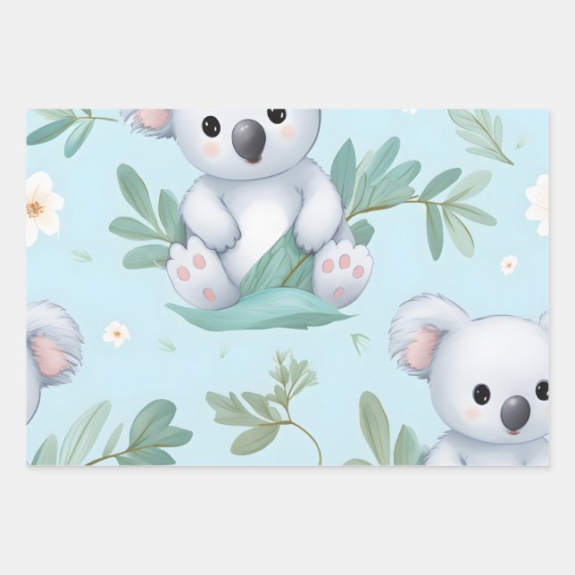 Kawaii Cute Baby Koala Bears Wrapping Paper Sheets (Front)